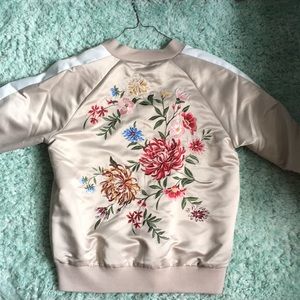 Tan and white Forever 21 bomber jacket